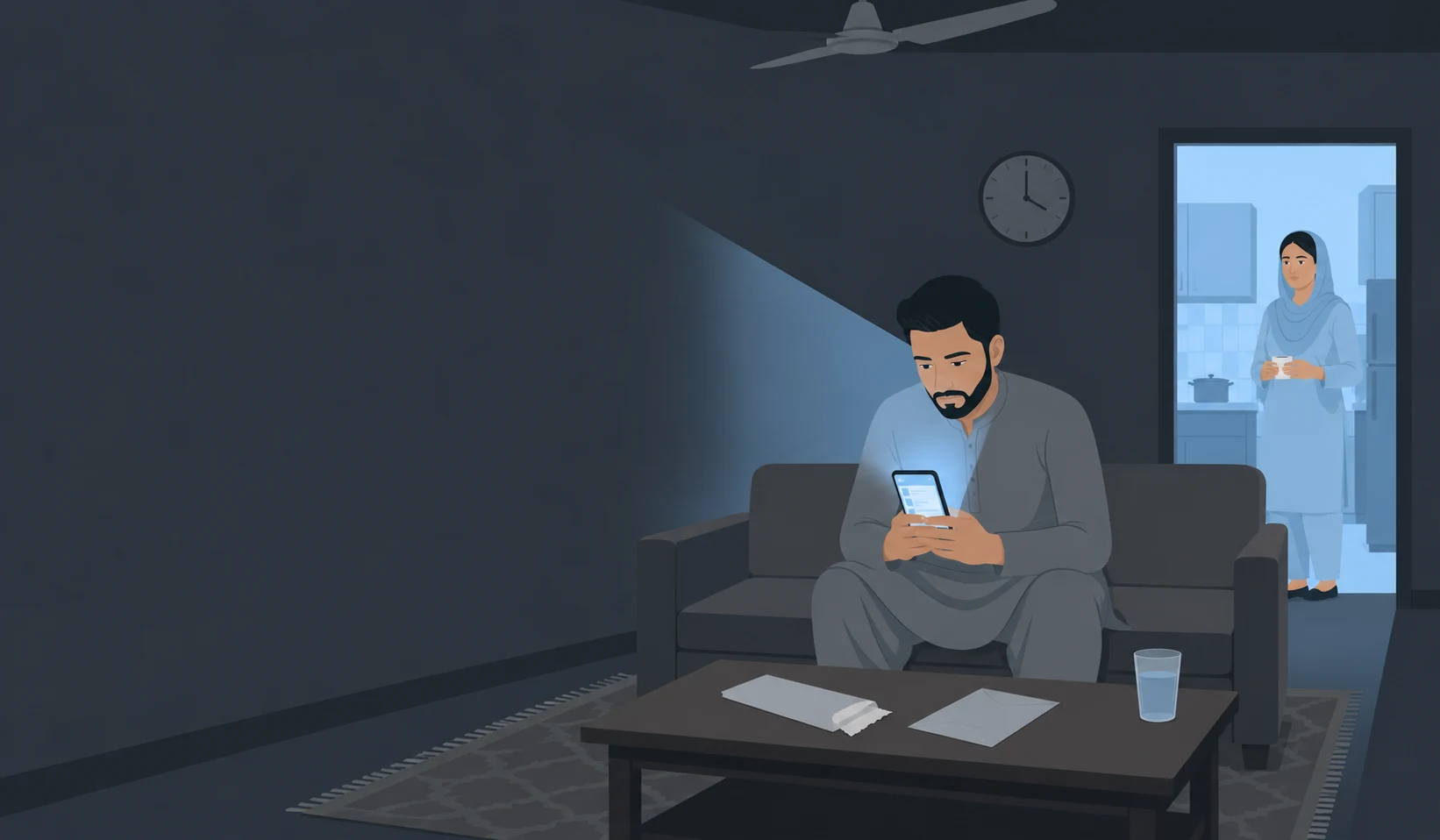 Raat ke waqt kamre mein baitha naujawan phone par contacts scroll karta hua