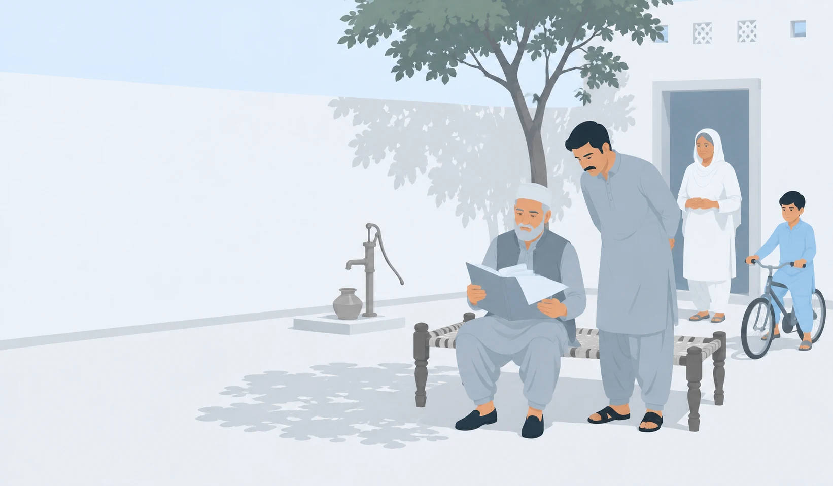 Punjab ke purane ghar ke sehan mein khandaan purani file dekhta hua