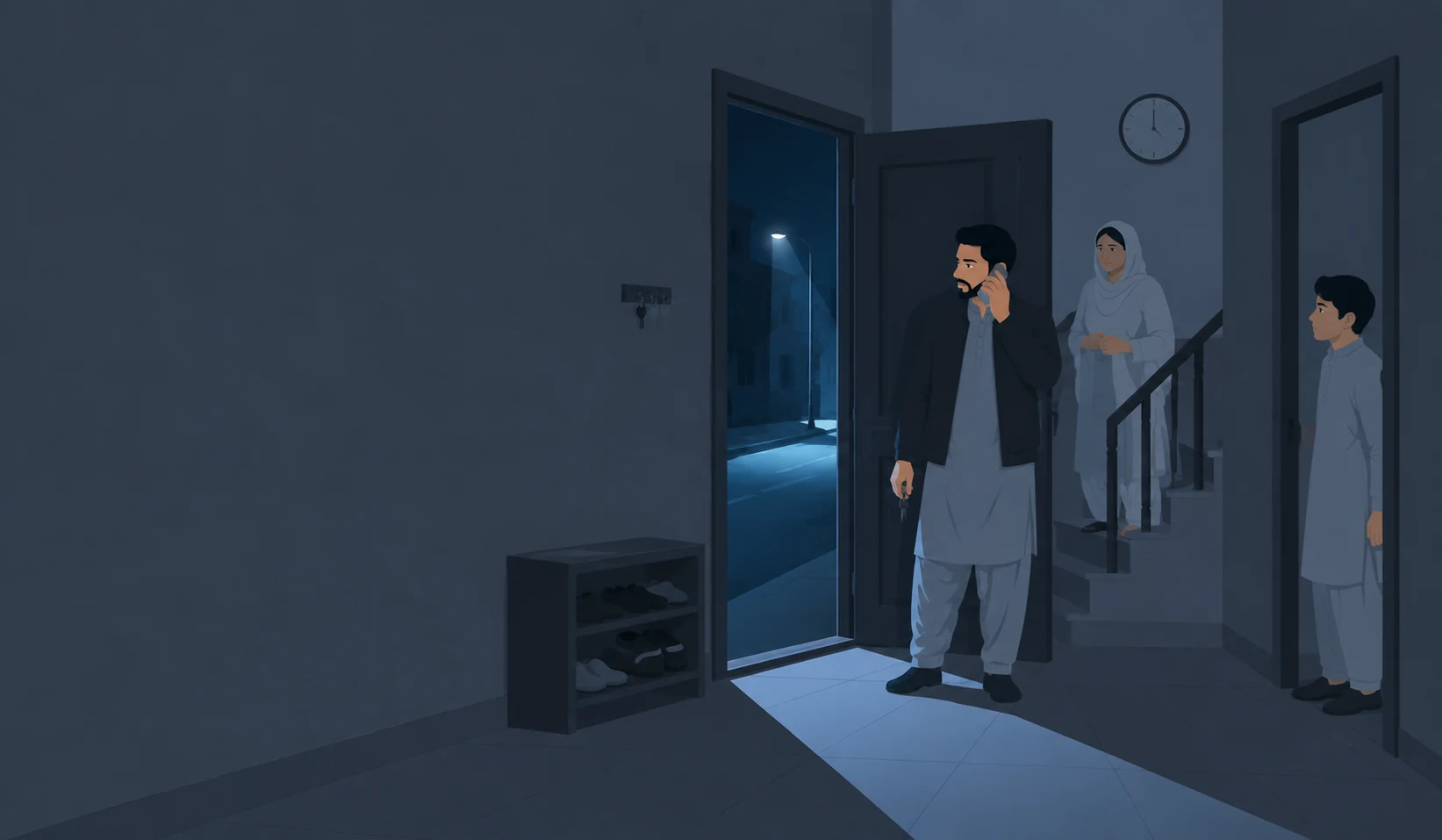 Raat ke 2 baje deorhi mein khara naujawan phone par baat karta hua